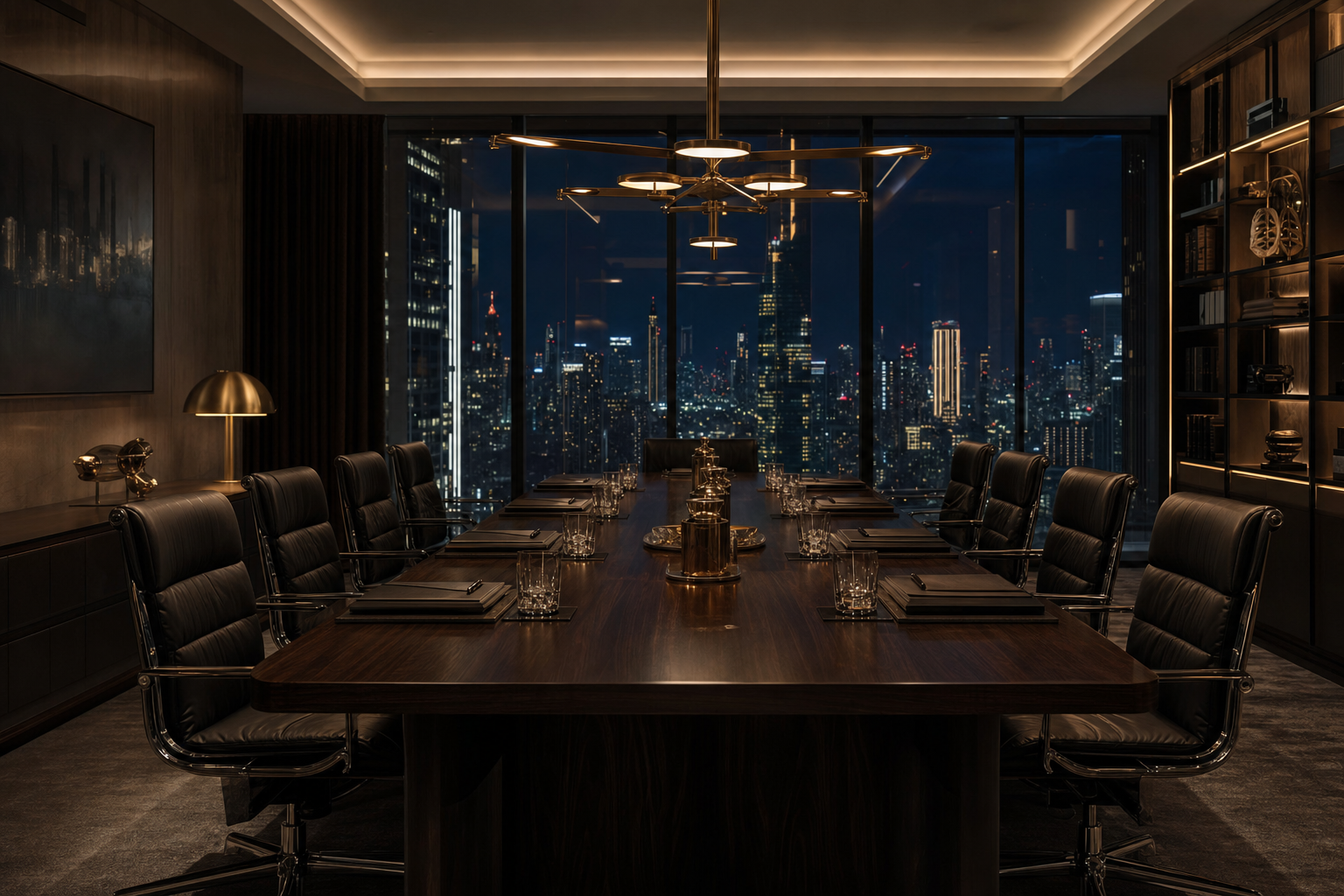 Private boardroom overlooking a city skyline at night