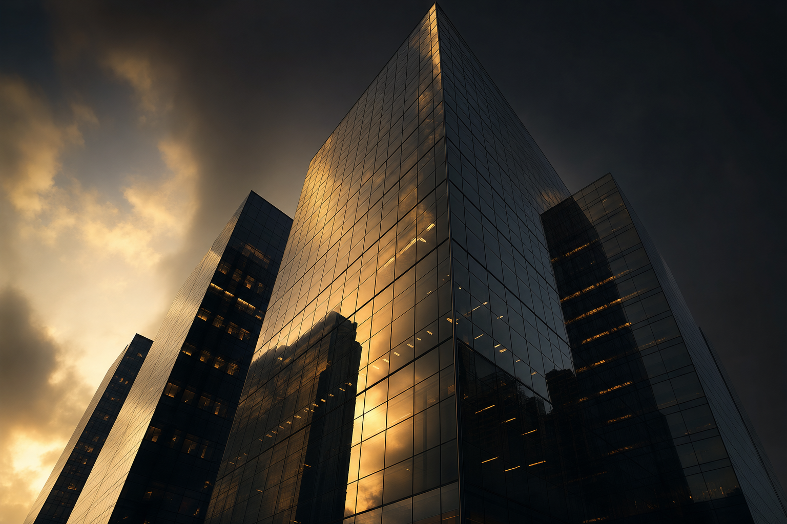 Glass office towers reflecting golden dusk light