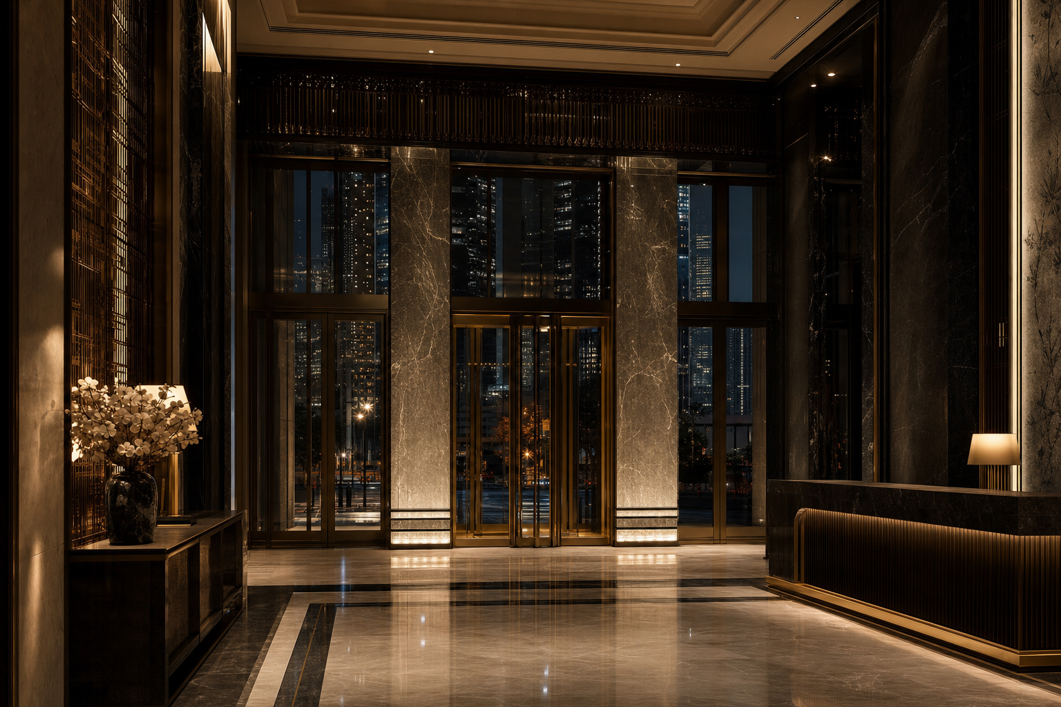 Grand marble lobby at night
