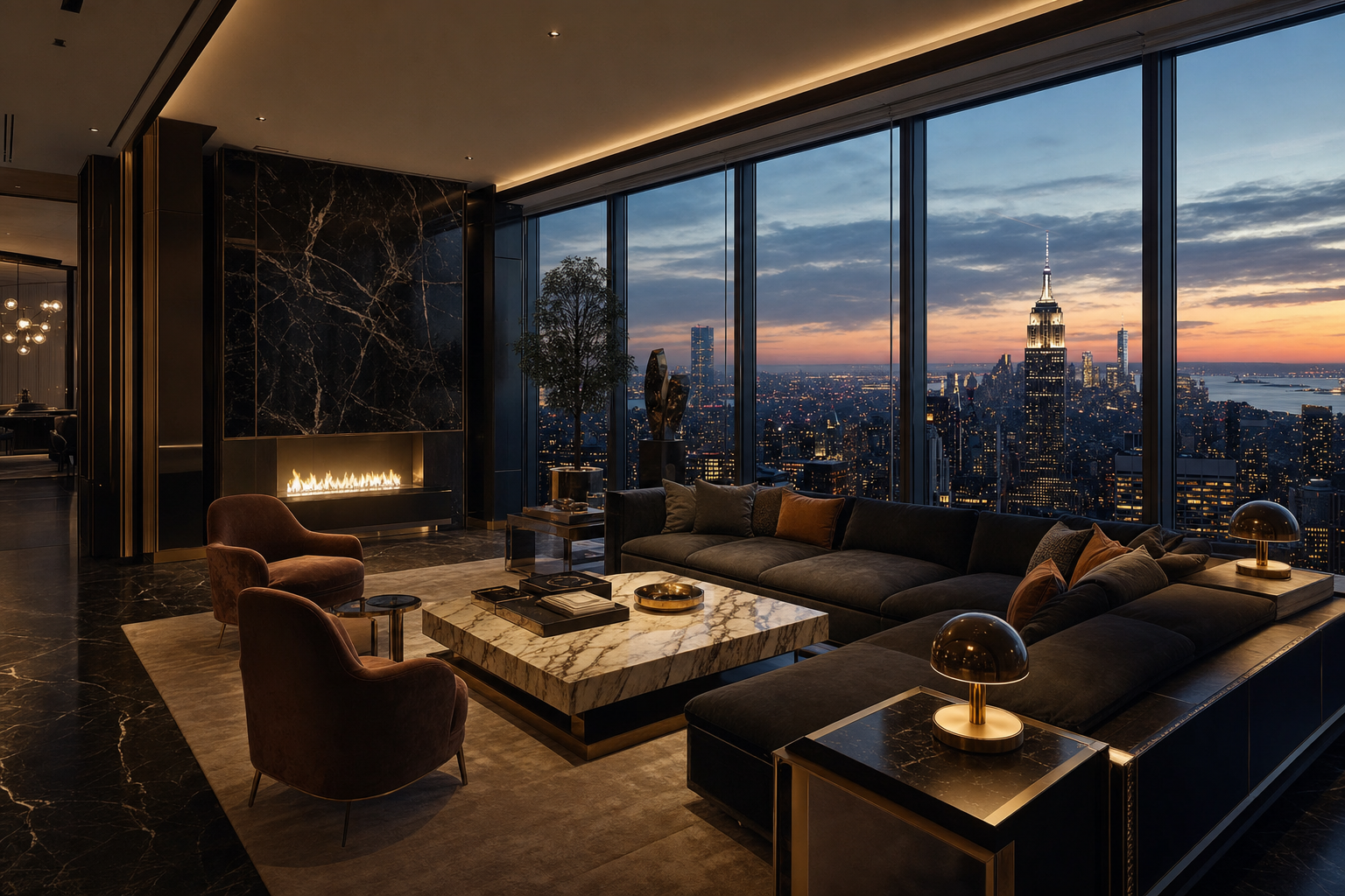 Luxury penthouse interior at dusk
