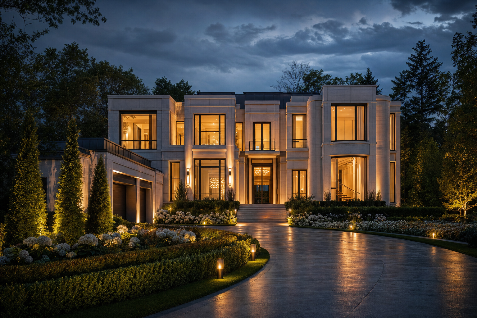 Grand limestone estate at twilight
