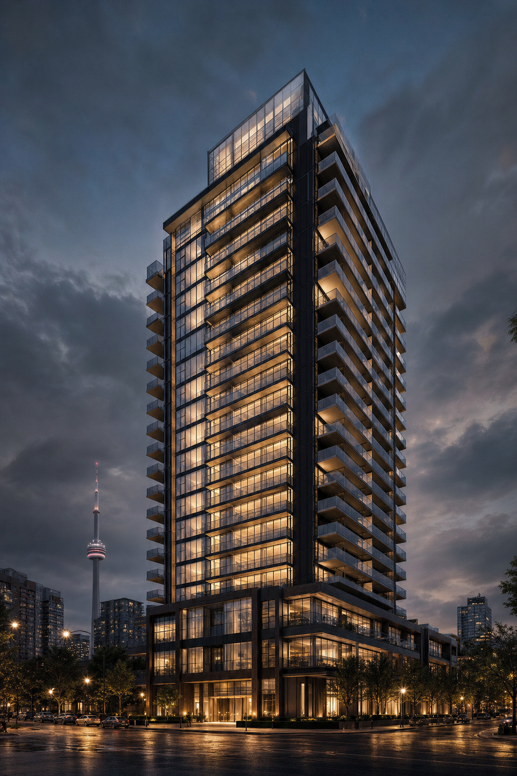 Modern condominium tower glowing at dusk