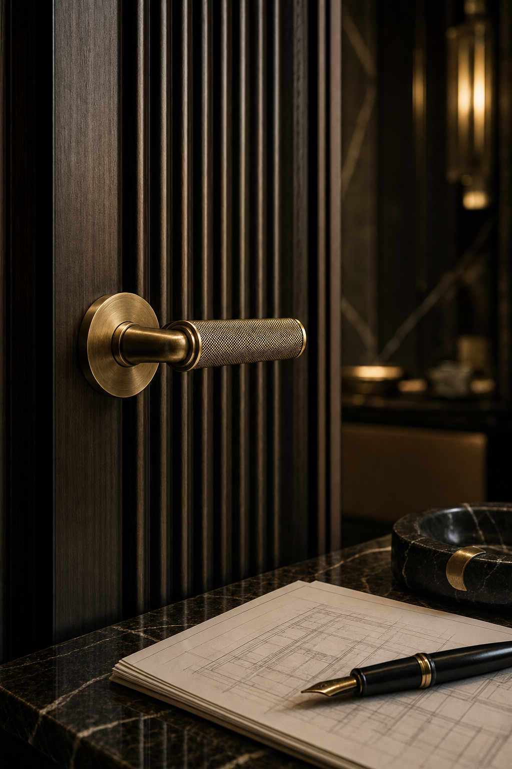 Brass hardware, marble and architectural drawings